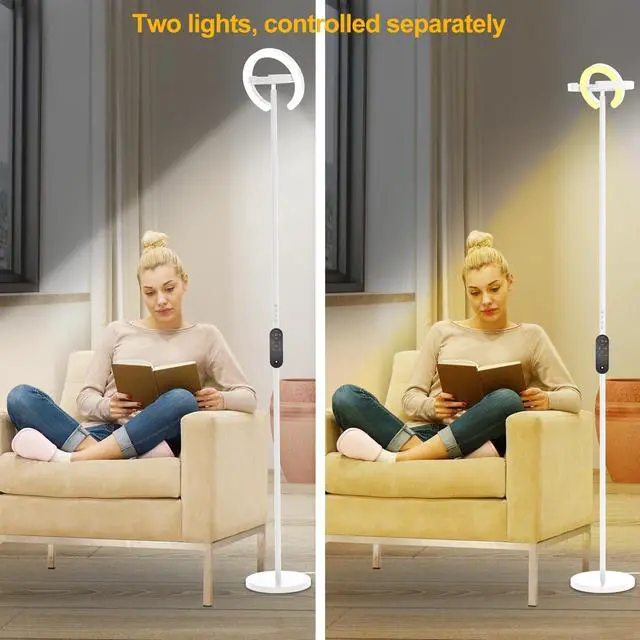 Alt view image 5 of 6 - Torchiere Floor Lamp for Bedroom, 75.5 Inch Tall Corner Standing Lamp for Living Room with Rotatable Ring Lights, 36W Bright Dimmable LED Floor Light with Remote Control for Reading Office