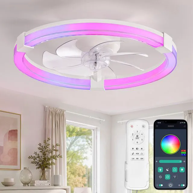 Main image of Ceiling Fan with Light,20inch Low Profile Fandelier with Remote RGB RGB,6 Speeds, Reversible DC Motor, Dimmable Flush Mount Fan Light, Modern fans for Bedroom