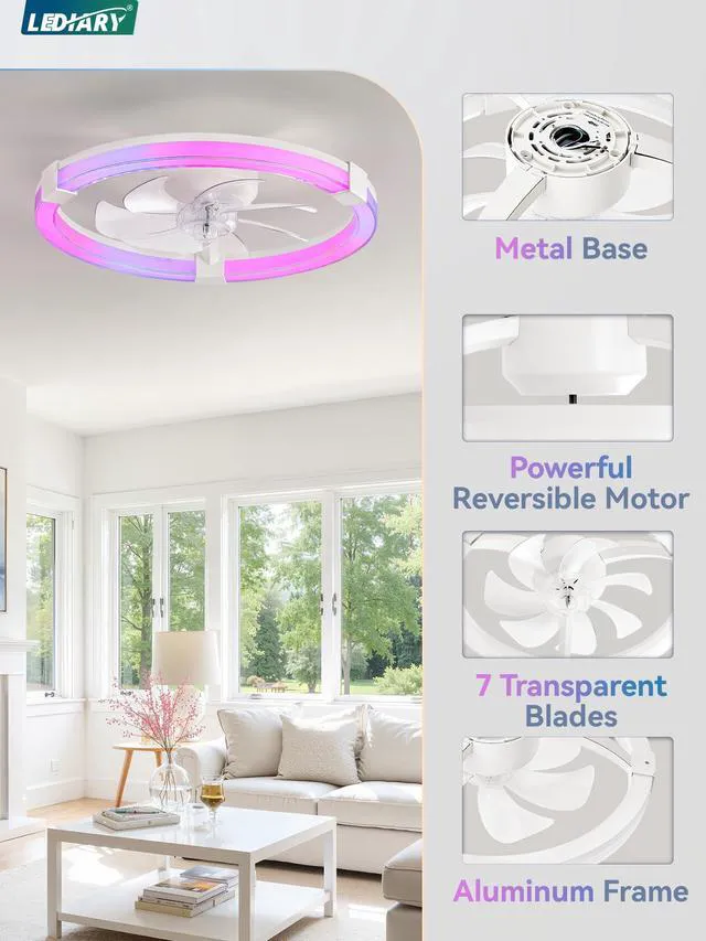 Alt view image 5 of 7 - Ceiling Fan with Light,20inch Low Profile Fandelier with Remote RGB RGB,6 Speeds, Reversible DC Motor, Dimmable Flush Mount Fan Light, Modern fans for Bedroom