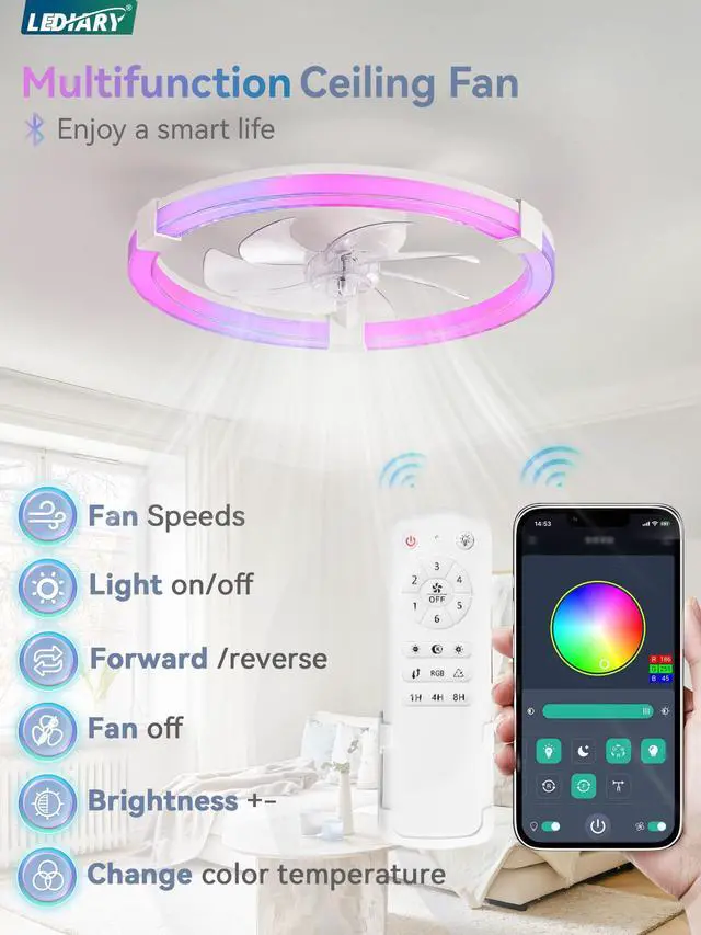 Alt view image 6 of 7 - Ceiling Fan with Light,20inch Low Profile Fandelier with Remote RGB RGB,6 Speeds, Reversible DC Motor, Dimmable Flush Mount Fan Light, Modern fans for Bedroom