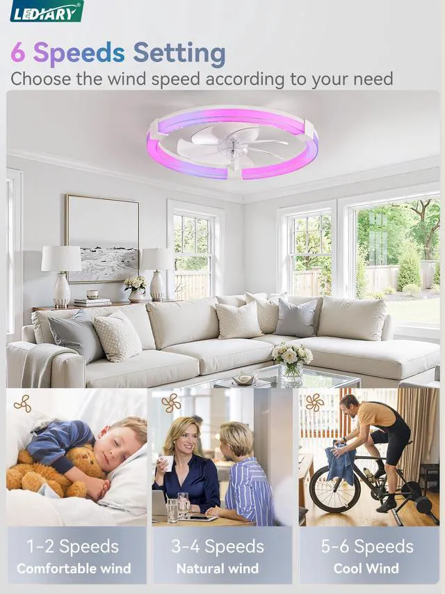 Alt view image 7 of 7 - Ceiling Fan with Light,20inch Low Profile Fandelier with Remote RGB RGB,6 Speeds, Reversible DC Motor, Dimmable Flush Mount Fan Light, Modern fans for Bedroom