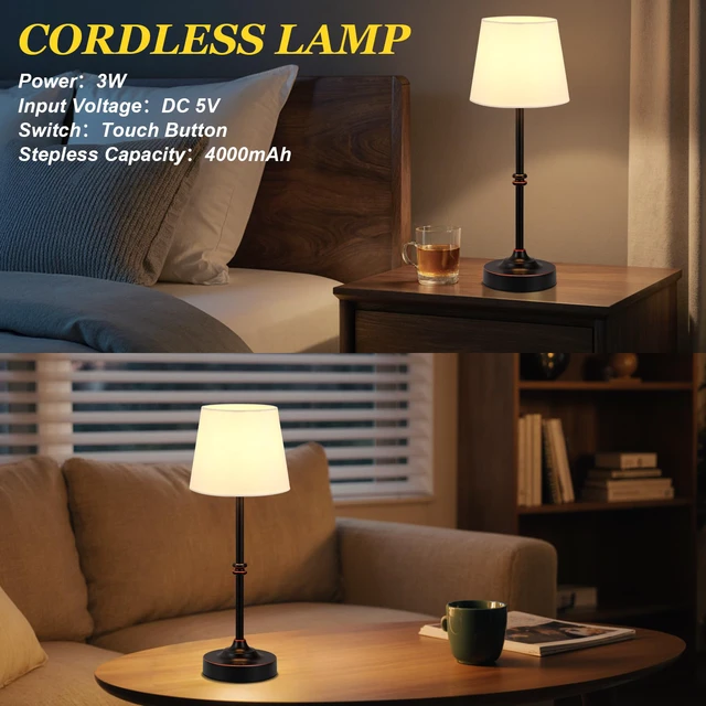 Alt view image 7 of 7 - Rechargeable Cordless Table Lamp Antique Black - 2 Pack 4000mAh Battery Operated Lamp, 3000K Warm Light, Touch Control Stepless Dimming, for Bedside, Dining Table, Home Decor