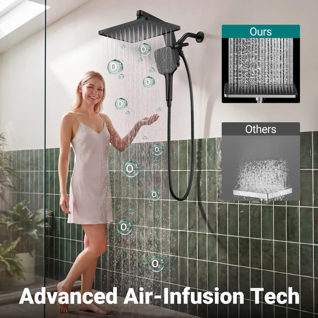 Alt view image 3 of 7 - ® 12" XXL Rainfall Shower Head with Handheld Combo Set, Matte Black High Pressure, Magnetic Docking, Air-Infusion Tech, Anti-Leak One-Piece Design, Dual Square Showerhead