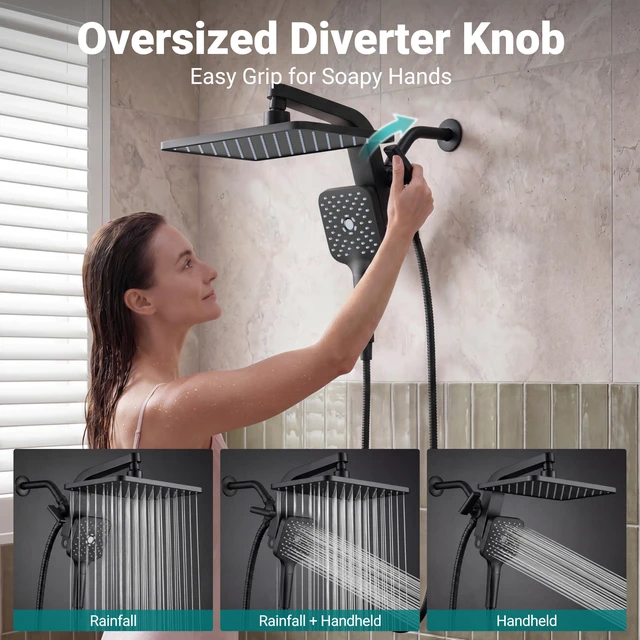 Alt view image 4 of 7 - ® 12" XXL Rainfall Shower Head with Handheld Combo Set, Matte Black High Pressure, Magnetic Docking, Air-Infusion Tech, Anti-Leak One-Piece Design, Dual Square Showerhead