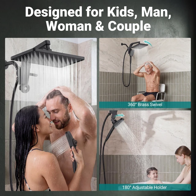 Alt view image 5 of 7 - ® 12" XXL Rainfall Shower Head with Handheld Combo Set, Matte Black High Pressure, Magnetic Docking, Air-Infusion Tech, Anti-Leak One-Piece Design, Dual Square Showerhead