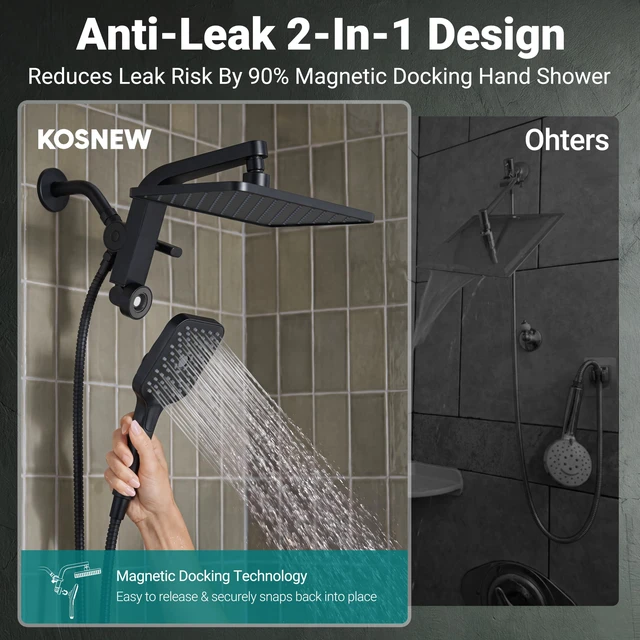 Alt view image 7 of 7 - ® 12" XXL Rainfall Shower Head with Handheld Combo Set, Matte Black High Pressure, Magnetic Docking, Air-Infusion Tech, Anti-Leak One-Piece Design, Dual Square Showerhead