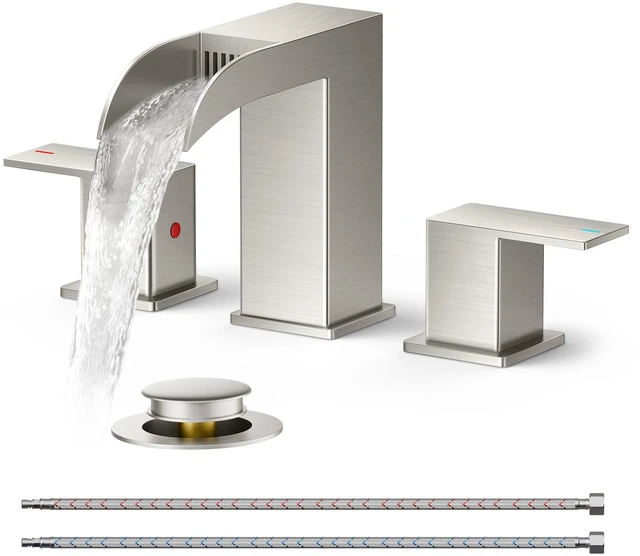 Main image of Bathroom Faucet 3 Hole 8 Inch Widespread Vanity Sink Brushed Nickel Square Waterfall Bathroom Sink Faucet Two Handles with Pop-up Drain, Lead-Free, for RV Vanity Lavatory and Restroom Basin