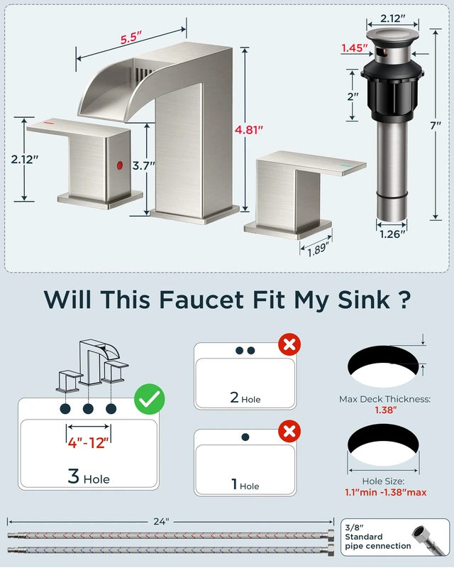 Alt view image 2 of 7 - Bathroom Faucet 3 Hole 8 Inch Widespread Vanity Sink Brushed Nickel Square Waterfall Bathroom Sink Faucet Two Handles with Pop-up Drain, Lead-Free, for RV Vanity Lavatory and Restroom Basin
