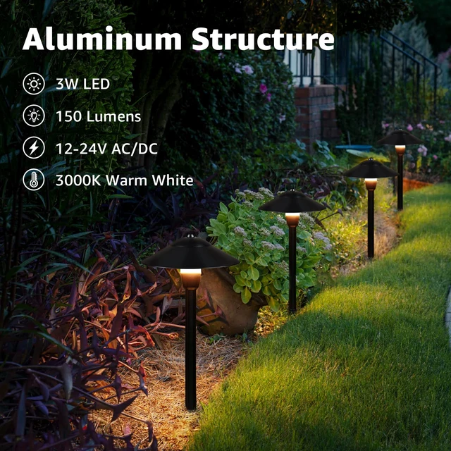 Alt view image 2 of 7 - 3W Low Voltage Pathway Lights, 4-Pack 7.9" 3000K Classic Aluminum Landscape Lights, 12-24V AC/DC, IP65 Waterproof, ETL Listed Wire, with Fastlock2 Connectors, for Yard Garden Walkway Driveway