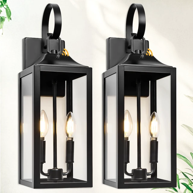 Main image of 19" Black Dusk to Dawn Outdoor Light Fixture, Large Outdoor Lantern 2-Light Modern Outdoor Wall Lights Waterproof Exterior Sconce Lights, Farmhouse Porch Light with Clear Tempered Glass, E12, 2-Pack