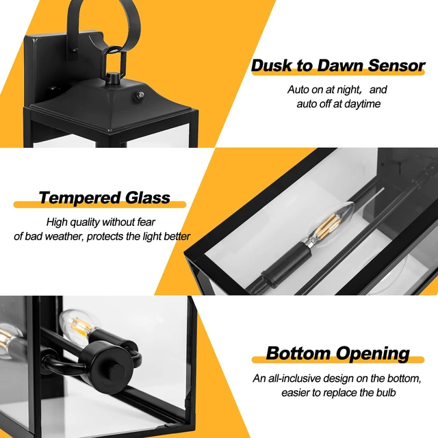 Alt view image 2 of 7 - 19" Black Dusk to Dawn Outdoor Light Fixture, Large Outdoor Lantern 2-Light Modern Outdoor Wall Lights Waterproof Exterior Sconce Lights, Farmhouse Porch Light with Clear Tempered Glass, E12, 2-Pack