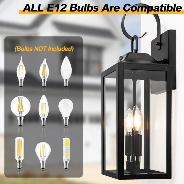 Alt view image 3 of 7 - 19" Black Dusk to Dawn Outdoor Light Fixture, Large Outdoor Lantern 2-Light Modern Outdoor Wall Lights Waterproof Exterior Sconce Lights, Farmhouse Porch Light with Clear Tempered Glass, E12, 2-Pack