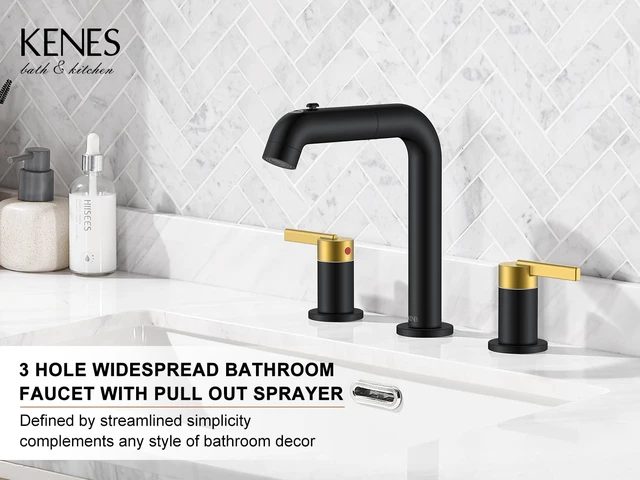Alt view image 2 of 7 - Black and Gold Pull Down Widespread Bathroom Faucet 3 Hole 2 Handle Pull Out Bathroom Faucet with Pop Up Drain & Supply Lines, Lead-Free cUPC & NSF Certified, 8 Inch Faucet for Vanity RV Sink