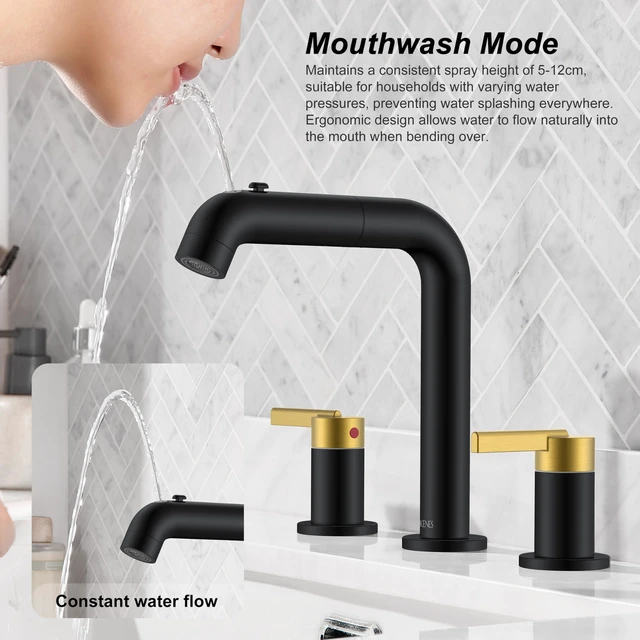 Alt view image 4 of 7 - Black and Gold Pull Down Widespread Bathroom Faucet 3 Hole 2 Handle Pull Out Bathroom Faucet with Pop Up Drain & Supply Lines, Lead-Free cUPC & NSF Certified, 8 Inch Faucet for Vanity RV Sink