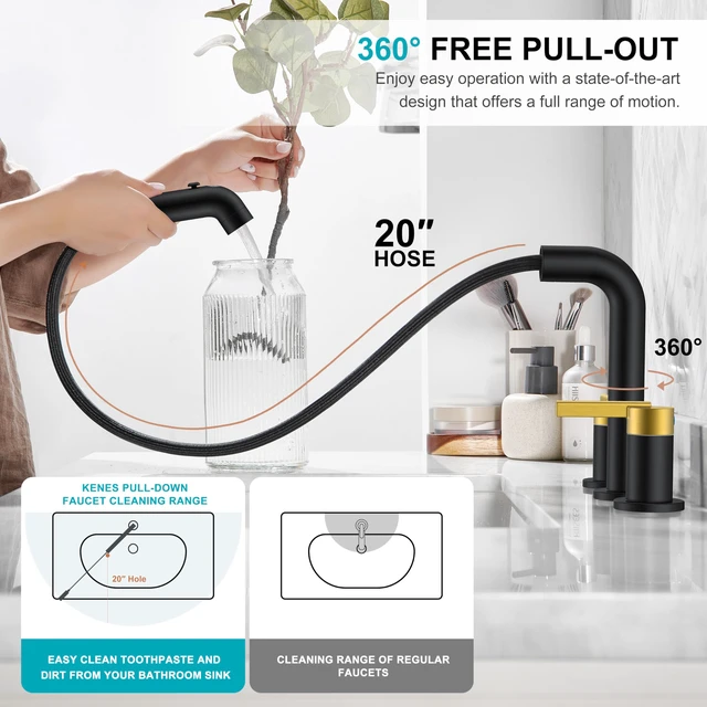Alt view image 5 of 7 - Black and Gold Pull Down Widespread Bathroom Faucet 3 Hole 2 Handle Pull Out Bathroom Faucet with Pop Up Drain & Supply Lines, Lead-Free cUPC & NSF Certified, 8 Inch Faucet for Vanity RV Sink