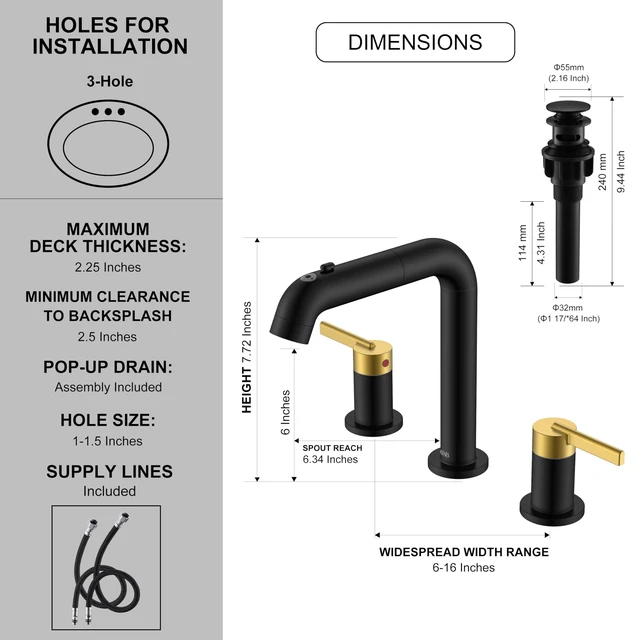 Alt view image 6 of 7 - Black and Gold Pull Down Widespread Bathroom Faucet 3 Hole 2 Handle Pull Out Bathroom Faucet with Pop Up Drain & Supply Lines, Lead-Free cUPC & NSF Certified, 8 Inch Faucet for Vanity RV Sink