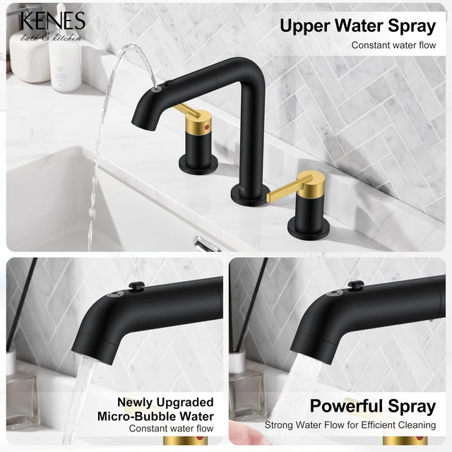 Alt view image 3 of 7 - Black and Gold Pull Down Widespread Bathroom Faucet 3 Hole 2 Handle Pull Out Bathroom Faucet with Pop Up Drain & Supply Lines, Lead-Free cUPC & NSF Certified, 8 Inch Faucet for Vanity RV Sink