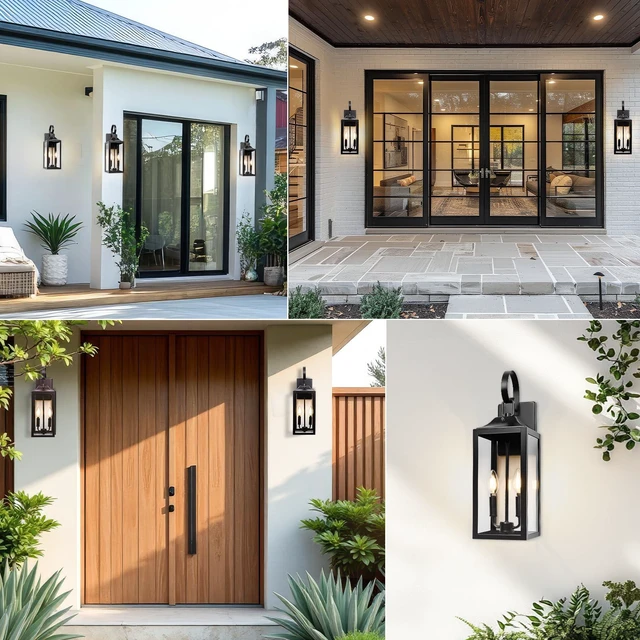 Alt view image 7 of 7 - 19" Black Dusk to Dawn Outdoor Light Fixture, Large Outdoor Lantern 2-Light Modern Outdoor Wall Lights Waterproof Exterior Sconce Lights, Farmhouse Porch Light with Clear Tempered Glass, E12, 2-Pack