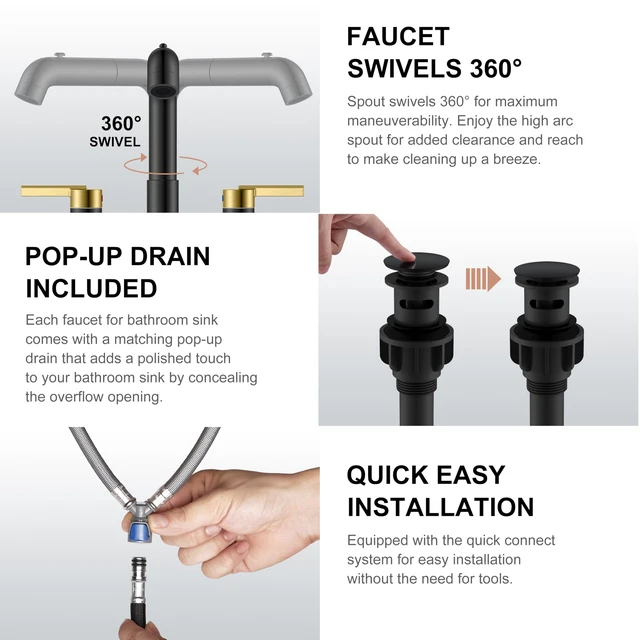Alt view image 7 of 7 - Black and Gold Pull Down Widespread Bathroom Faucet 3 Hole 2 Handle Pull Out Bathroom Faucet with Pop Up Drain & Supply Lines, Lead-Free cUPC & NSF Certified, 8 Inch Faucet for Vanity RV Sink