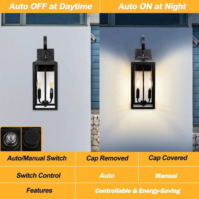 Alt view image 6 of 7 - 19" Black Dusk to Dawn Outdoor Light Fixture, Large Outdoor Lantern 2-Light Modern Outdoor Wall Lights Waterproof Exterior Sconce Lights, Farmhouse Porch Light with Clear Tempered Glass, E12, 2-Pack