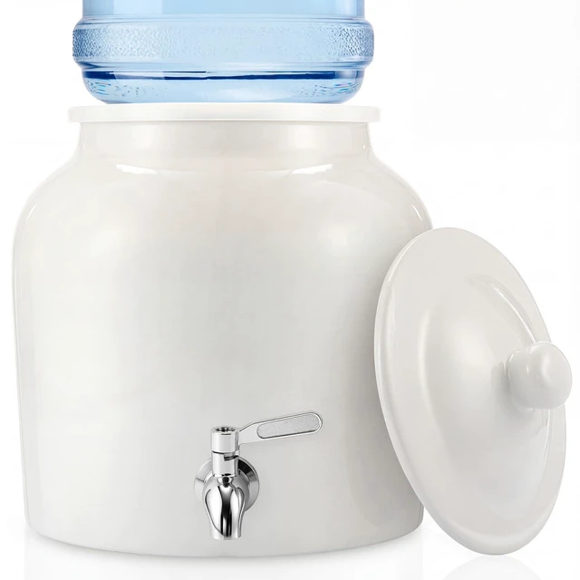 Main image of Ceramic Crock Water Dispenser, Regular Style, White, 1 Set Fits 3 to 5 Gallon Jug, Metal Spigot Tap, Decorative Design, Ideal for Home Kitchen Office Party Beverage Serving Station
