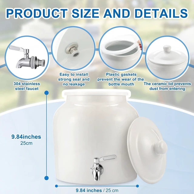 Alt view image 2 of 6 - Ceramic Crock Water Dispenser, Regular Style, White, 1 Set Fits 3 to 5 Gallon Jug, Metal Spigot Tap, Decorative Design, Ideal for Home Kitchen Office Party Beverage Serving Station