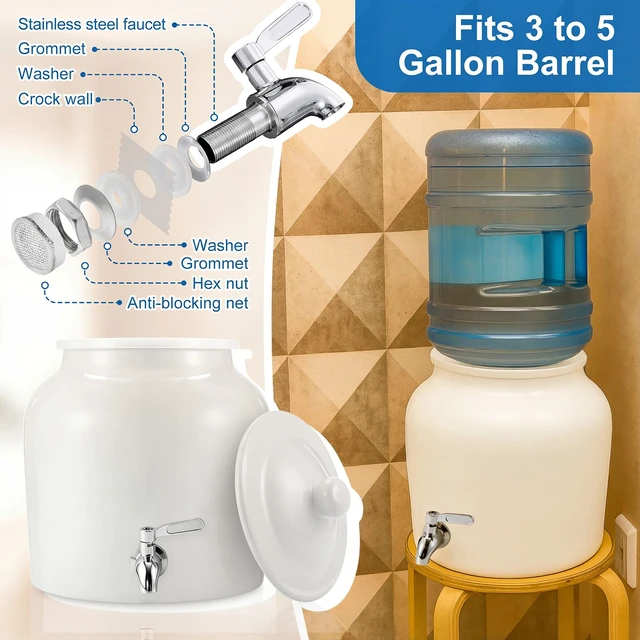 Alt view image 3 of 6 - Ceramic Crock Water Dispenser, Regular Style, White, 1 Set Fits 3 to 5 Gallon Jug, Metal Spigot Tap, Decorative Design, Ideal for Home Kitchen Office Party Beverage Serving Station