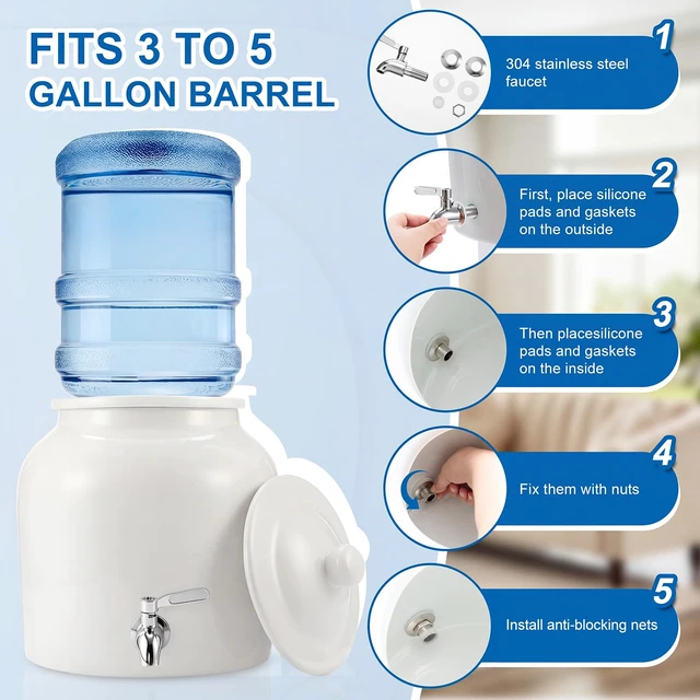 Alt view image 4 of 6 - Ceramic Crock Water Dispenser, Regular Style, White, 1 Set Fits 3 to 5 Gallon Jug, Metal Spigot Tap, Decorative Design, Ideal for Home Kitchen Office Party Beverage Serving Station