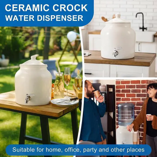 Alt view image 5 of 6 - Ceramic Crock Water Dispenser, Regular Style, White, 1 Set Fits 3 to 5 Gallon Jug, Metal Spigot Tap, Decorative Design, Ideal for Home Kitchen Office Party Beverage Serving Station