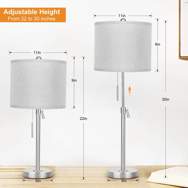 Alt view image 2 of 6 - Table Lamps for Bedrooms Set of 2, 22" to 30" Height Adjustable Nightstand Lamps with Linen Shade, Pull Chain Switch Lamps for Living Room, 3 Way Dimmable Bedside Lamp