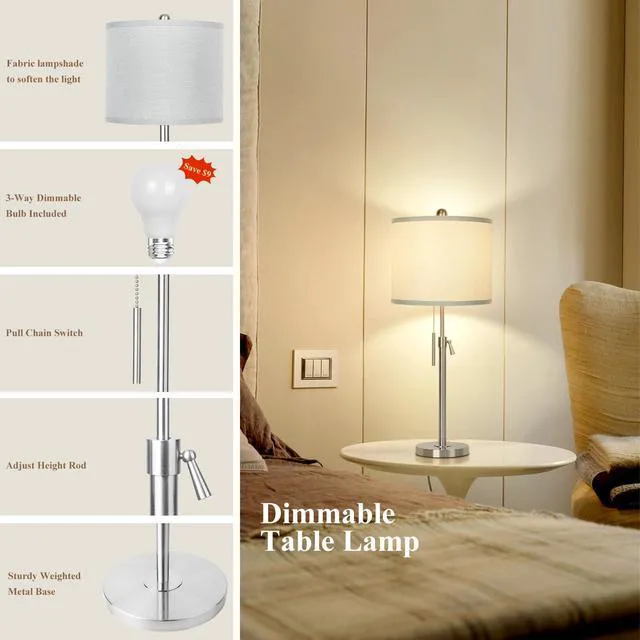 Alt view image 4 of 6 - Table Lamps for Bedrooms Set of 2, 22" to 30" Height Adjustable Nightstand Lamps with Linen Shade, Pull Chain Switch Lamps for Living Room, 3 Way Dimmable Bedside Lamp