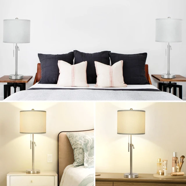 Alt view image 6 of 6 - Table Lamps for Bedrooms Set of 2, 22" to 30" Height Adjustable Nightstand Lamps with Linen Shade, Pull Chain Switch Lamps for Living Room, 3 Way Dimmable Bedside Lamp