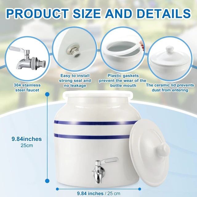 Alt view image 2 of 6 - Ceramic Crock Water Dispenser, Striped Style, Blue, 1 Set Fits 3 to 5 Gallon Jug, Metal Spigot Tap, Decorative Design, Ideal for Home Kitchen Office Party Beverage Serving Station