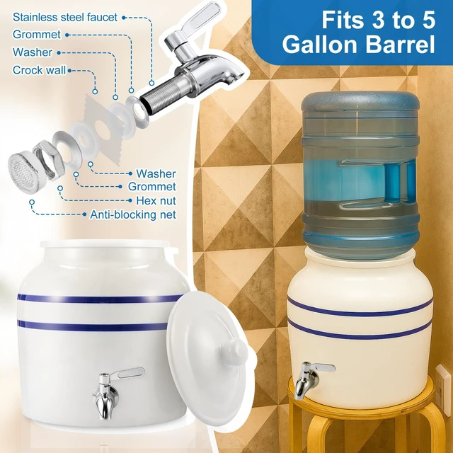 Alt view image 3 of 6 - Ceramic Crock Water Dispenser, Striped Style, Blue, 1 Set Fits 3 to 5 Gallon Jug, Metal Spigot Tap, Decorative Design, Ideal for Home Kitchen Office Party Beverage Serving Station