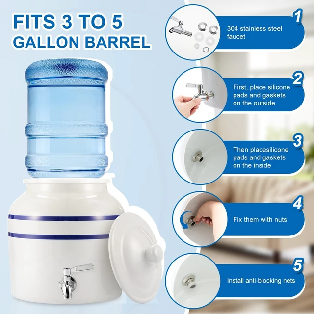 Alt view image 4 of 6 - Ceramic Crock Water Dispenser, Striped Style, Blue, 1 Set Fits 3 to 5 Gallon Jug, Metal Spigot Tap, Decorative Design, Ideal for Home Kitchen Office Party Beverage Serving Station
