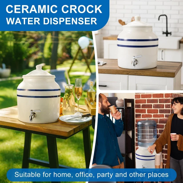 Alt view image 5 of 6 - Ceramic Crock Water Dispenser, Striped Style, Blue, 1 Set Fits 3 to 5 Gallon Jug, Metal Spigot Tap, Decorative Design, Ideal for Home Kitchen Office Party Beverage Serving Station