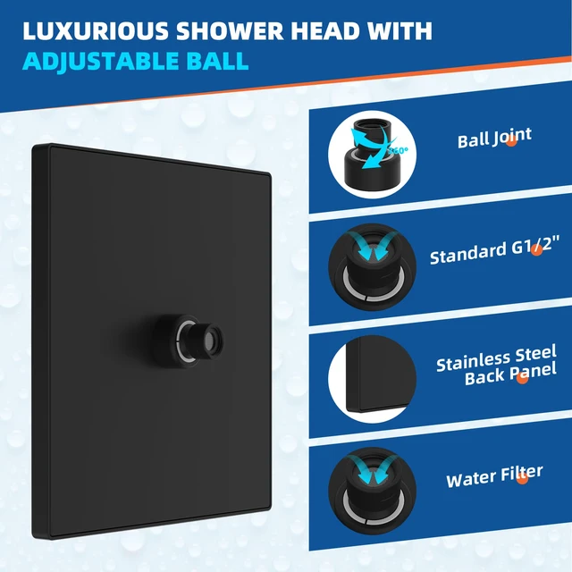 Alt view image 4 of 7 - cUPC Certified High Pressure 12'' Rain Shower Head, Matte Black Thickness Metal Showerhead, Square Large Bathroom Rainfall Shower Head, Adjustable Brass Ball, Waterfall Full Body Coverage