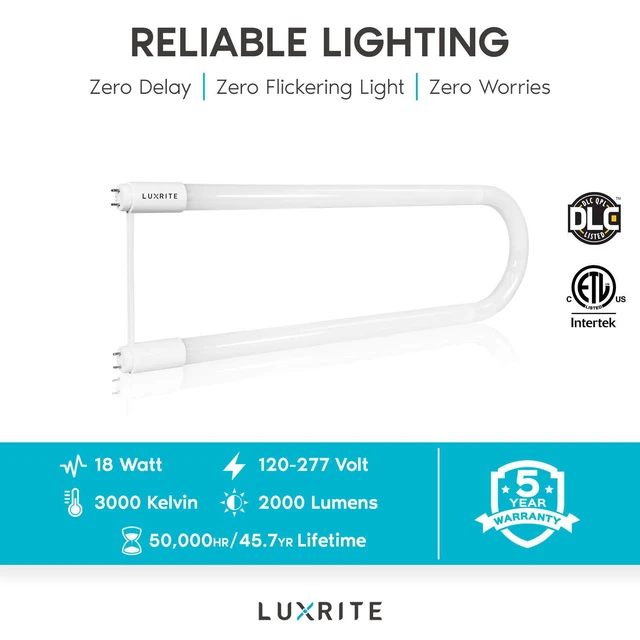 Alt view image 7 of 7 - U Bend LED Tube Light, T8 T12, 18W (32W Equivalent), 3000K (4 Pack) Soft White, 2000 Lumens, Fluorescent Light Tube Replacement, Direct or Ballast Bypass, DLC and ETL Listed, G13 Base