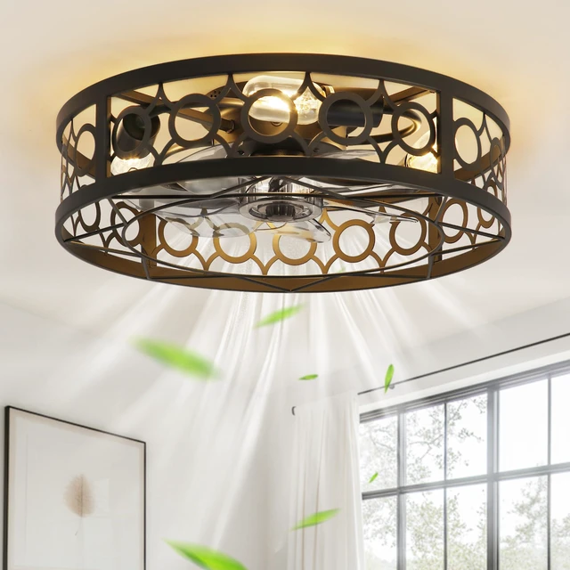 Main image of 20 Inch Caged Flush Mount Ceiling Fans with Lights, Black Low Profile, Farmhouse, Bladeless Enclosed Fandelier, Small, 6 Speed, Quiet Reversible DC, Bedroom, Kitchen, Living Room