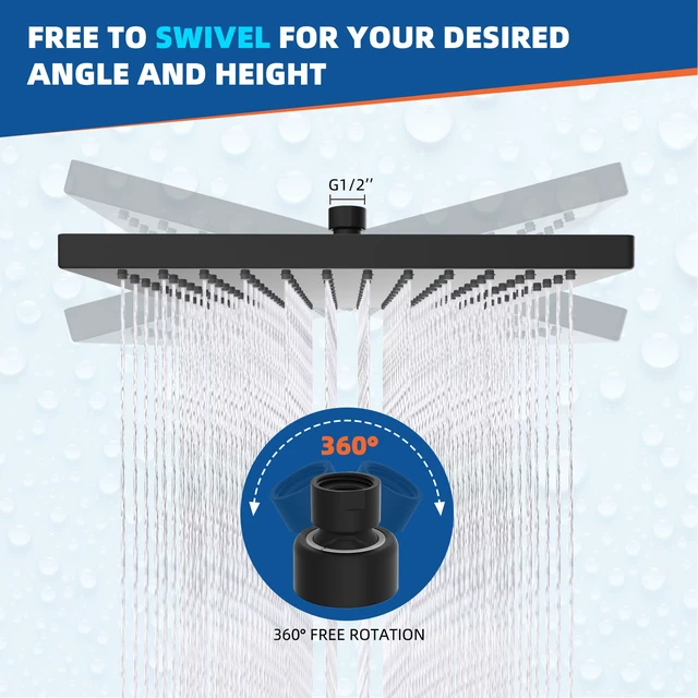 Alt view image 5 of 7 - cUPC Certified High Pressure 12'' Rain Shower Head, Matte Black Thickness Metal Showerhead, Square Large Bathroom Rainfall Shower Head, Adjustable Brass Ball, Waterfall Full Body Coverage