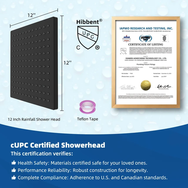 Alt view image 6 of 7 - cUPC Certified High Pressure 12'' Rain Shower Head, Matte Black Thickness Metal Showerhead, Square Large Bathroom Rainfall Shower Head, Adjustable Brass Ball, Waterfall Full Body Coverage