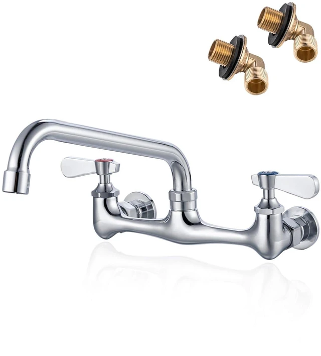 Main image of 8" Center Wall Mount Commercial Kitchen Sink Faucet 8" Swivel Spout 2 Hole Solid Brass 3 Compartment Sink Faucet, Ceramic Cartridg, 1.8 GPM Swivel Spout, 1/2" NPT, Includes 90 Degree Adapters
