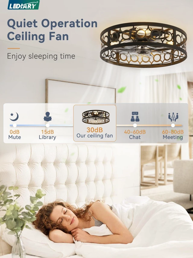 Alt view image 2 of 7 - 20 Inch Caged Flush Mount Ceiling Fans with Lights, Black Low Profile, Farmhouse, Bladeless Enclosed Fandelier, Small, 6 Speed, Quiet Reversible DC, Bedroom, Kitchen, Living Room