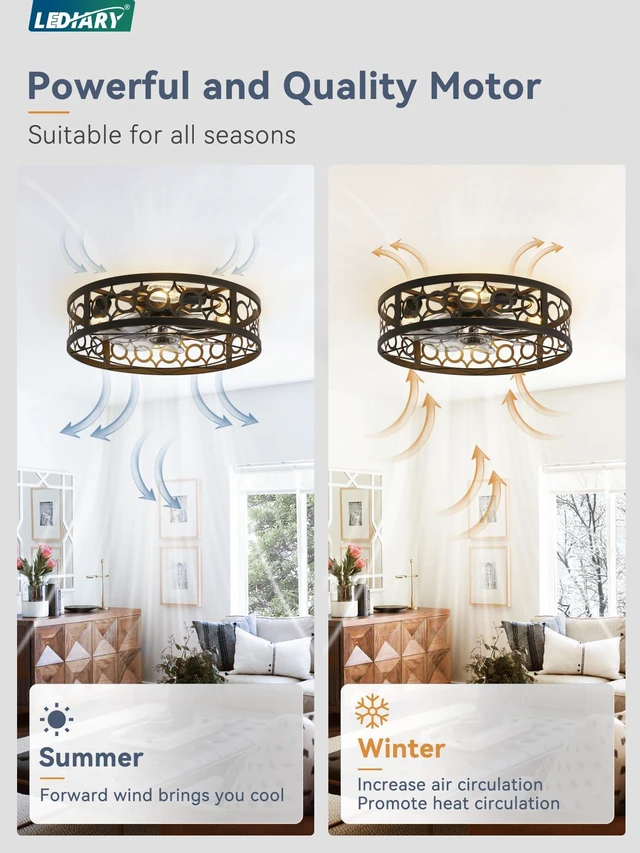 Alt view image 3 of 7 - 20 Inch Caged Flush Mount Ceiling Fans with Lights, Black Low Profile, Farmhouse, Bladeless Enclosed Fandelier, Small, 6 Speed, Quiet Reversible DC, Bedroom, Kitchen, Living Room