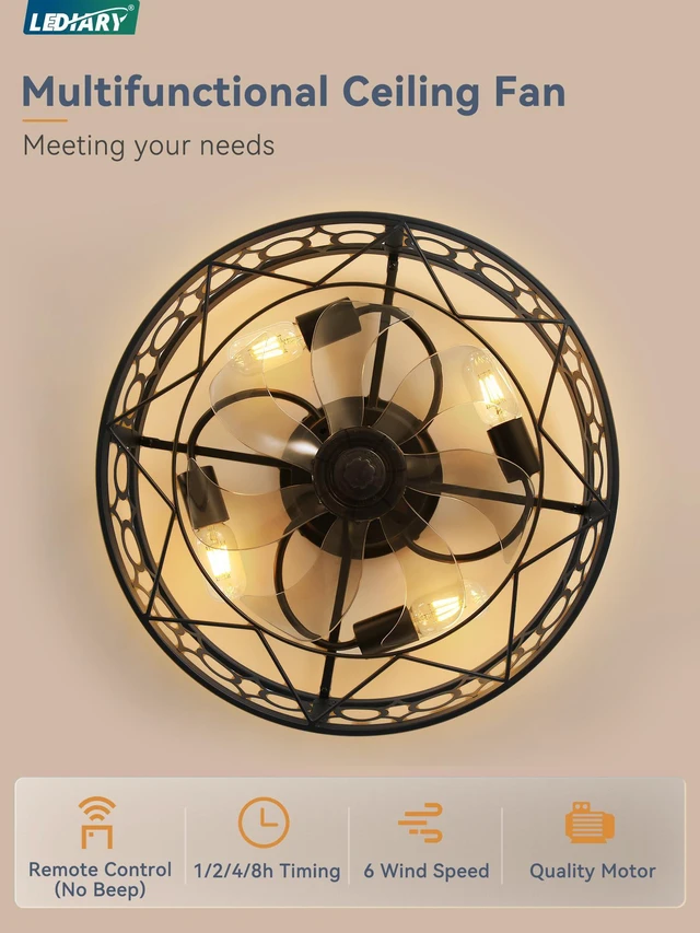 Alt view image 4 of 7 - 20 Inch Caged Flush Mount Ceiling Fans with Lights, Black Low Profile, Farmhouse, Bladeless Enclosed Fandelier, Small, 6 Speed, Quiet Reversible DC, Bedroom, Kitchen, Living Room