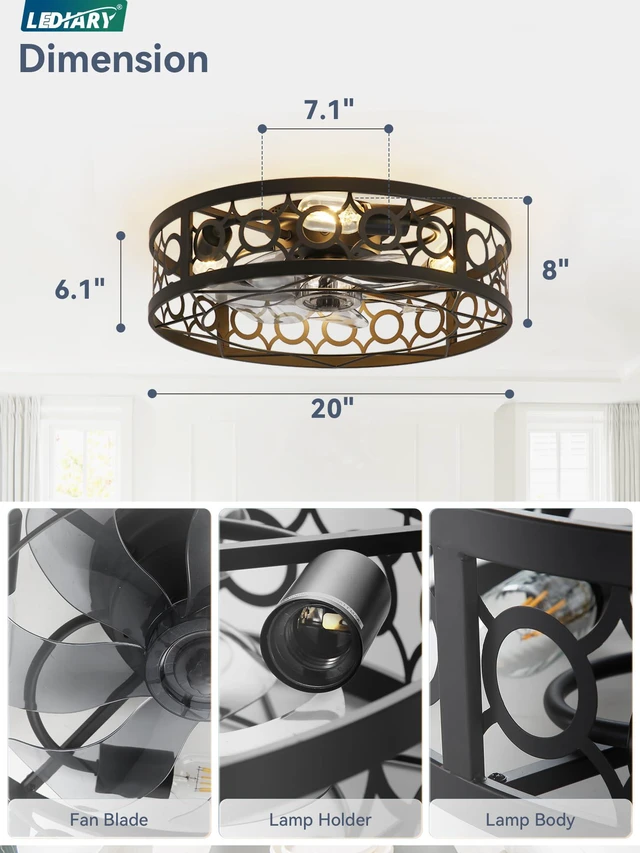 Alt view image 6 of 7 - 20 Inch Caged Flush Mount Ceiling Fans with Lights, Black Low Profile, Farmhouse, Bladeless Enclosed Fandelier, Small, 6 Speed, Quiet Reversible DC, Bedroom, Kitchen, Living Room