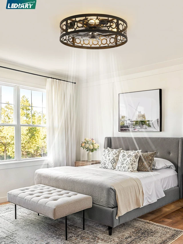 Alt view image 7 of 7 - 20 Inch Caged Flush Mount Ceiling Fans with Lights, Black Low Profile, Farmhouse, Bladeless Enclosed Fandelier, Small, 6 Speed, Quiet Reversible DC, Bedroom, Kitchen, Living Room