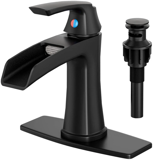 Main image of Waterfall Bathroom Faucets Single Handle Brushed Nickel, for 1 or 3 Holes, Vanity Faucet with Deck Plate and Drain