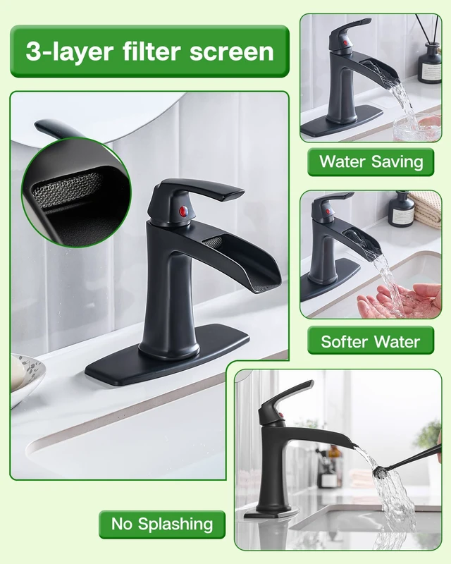 Alt view image 4 of 7 - Waterfall Bathroom Faucets Single Handle Brushed Nickel, for 1 or 3 Holes, Vanity Faucet with Deck Plate and Drain