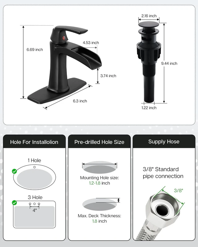 Alt view image 5 of 7 - Waterfall Bathroom Faucets Single Handle Brushed Nickel, for 1 or 3 Holes, Vanity Faucet with Deck Plate and Drain
